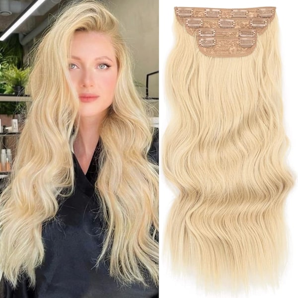 4 stk. Clip-in lange, myke Glam Waves tykke hårdeler 20 tommer lysblondt hår extensions syntetisk fiber dobbeltveft hår for kvinner full hode