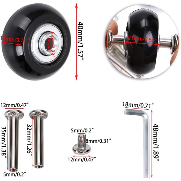 IC 40 mm x 18 mm Ersättningshjul för Resväska, Gummi Svängbara Länkhjul Lager Reparationssatser, En Uppsättning om 4