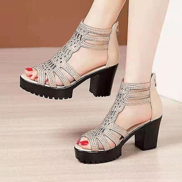 Høje hæle Gladiator Sandaler Kvinde Åben Hoved Seksuel Sort Nitte Blok Hæl Platform Sko Sommer Bag Zip Størrelse 35-40 Kvinde Sandaler