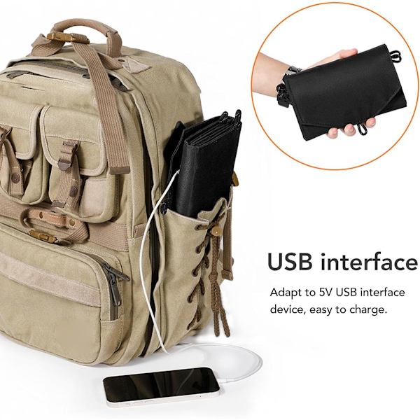 Bærbar solcelleoplader, 20W udgang, 5.2V 2A, 2 USB, foldbar, IP65, sort