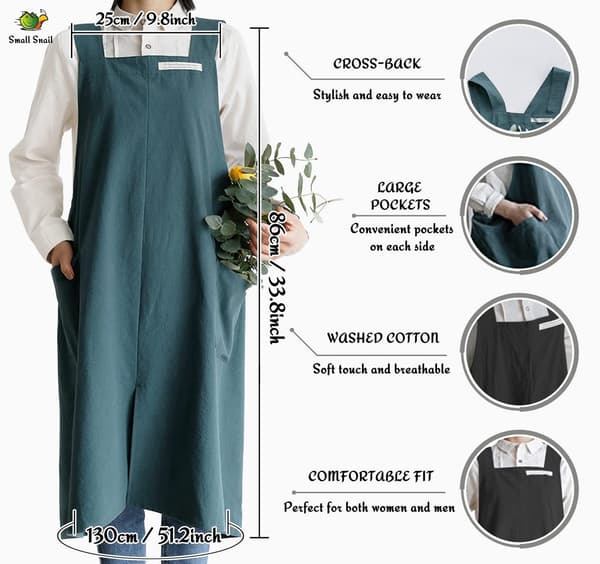 Japansk stil kryssryggforkle, bomullslin, 2 lommer, ensfarget, for kvinner og menn, kjøkken, kafé og blomsterbutikk, plus size