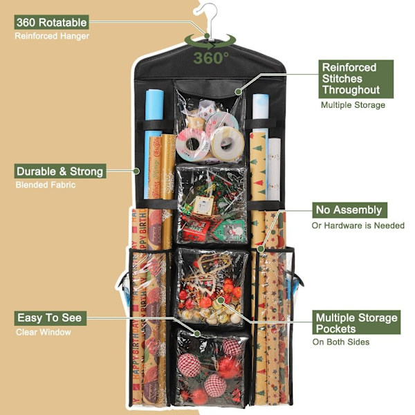 Gavepose Organizer Opbevaringsholder til indpakningspapir sort black