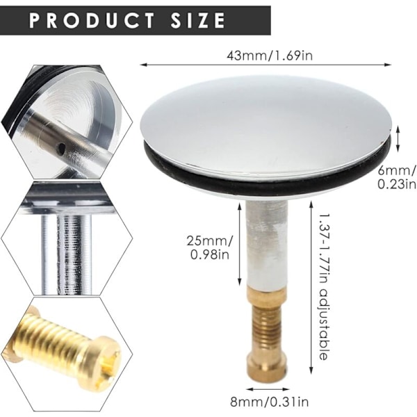 Universell Badkarspropp Ø 43 mm, Mässingsavloppspropp med Förkromad Yta, Rostfri, för Vanlig Badkarsavlopp, Justerbar Höjd 50-55 mm