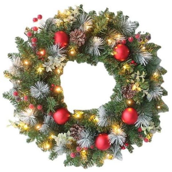 Julkrans för dörrdekoration Dekoration med Tallkottar Bär Snöflingor (30CM, 20 LED-lampor)