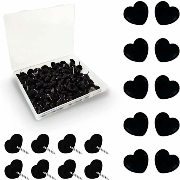 100-pack Svarta Hjärtformade Nålar med Stålspets för Bilder och Väggar