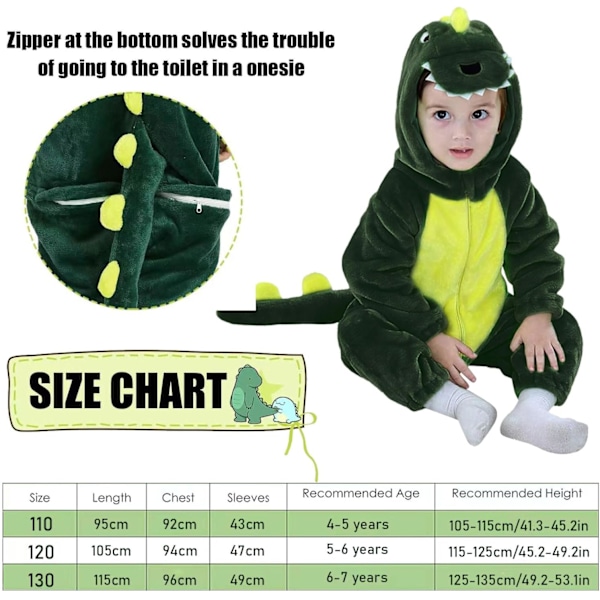 Dinosaurkostyme for barn, onesie, dinosaurpysjamas, dinosaurjumpsuit for barn, dyrekostyme for barn til karnevalfest halloween, cosplay Dinosaurs-green 110