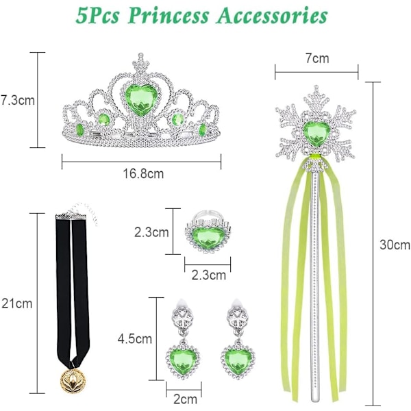 5-osainen Anna-prinsessan asustepaketti, jossa kruunu, taikasauva, kaulakoru, vihreät korvakorut ja sormus jouluun, syntymäpäiväjuhliin, Halloweeniin, jouluun, cosplayhin 5 pcs