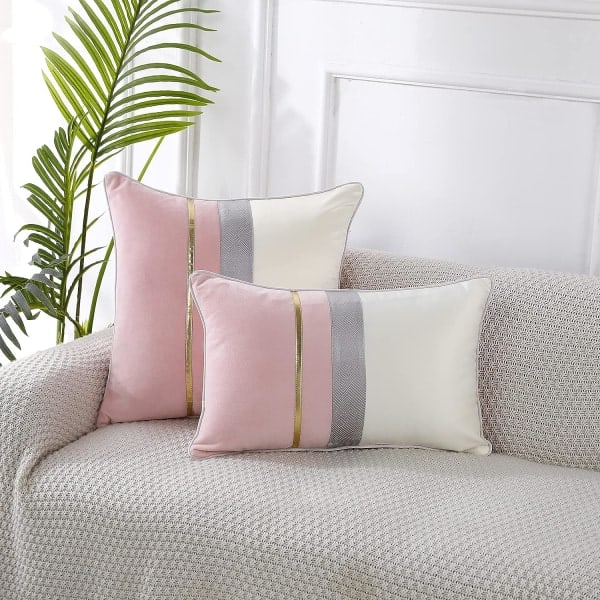 IC Patchwork rosa sidenliknande kuddfodral i överdrag med guldrandigt fodral Modernt lyxigt fyrkantigt örngott, 20x20 tum