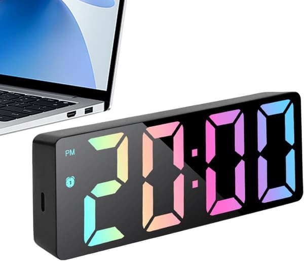 Digital väckarklocka med LED-spegeldisplay, datum och temperatur, tyst drift för sovrum eller skrivbord, svart, 6,3 tum