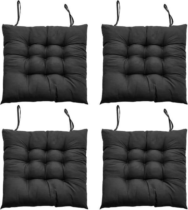 Stolhynder Sæt med 4, Bløde Polyester Sædepuder med Bindebånd til Spise-, Køkken- og Kontorstole, Sort, 40 x 40 x 5 cm