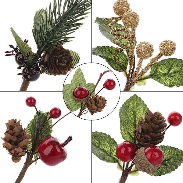 Konstgjorda Tallkvistar, 30 st Julröda Bär Tallkottar Stjälkar, Mini Stimulerande Röda Bärgrenar för Julblomsterarrangemang