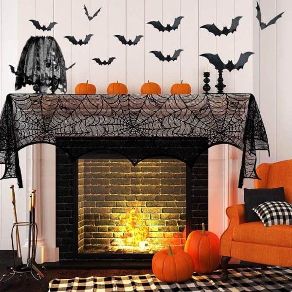 IC Halloween-koriste, musta pitsi pyöreä pöytäliina Halloween-juhlakoristeluun, lepakko verho