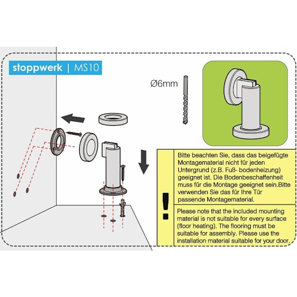 Magnetisk dörrstopp MS010 i rostfritt stål-look - Dörrstopp med monteringsmaterial för golv och vägg - Magnetisk dörrstopp - Ø 5cm, höjd 8.4cm