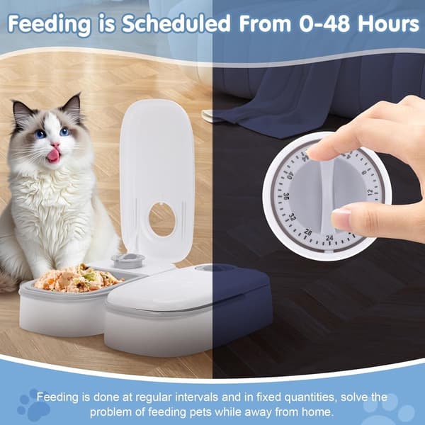 Automatisk kattmatare med 48-timmars timer, dubbelbricka 700 ml ABS matdispenser för våt- och torrfoder, för katter och små hundar på resa, grå 28,5x24,5x7,5cm