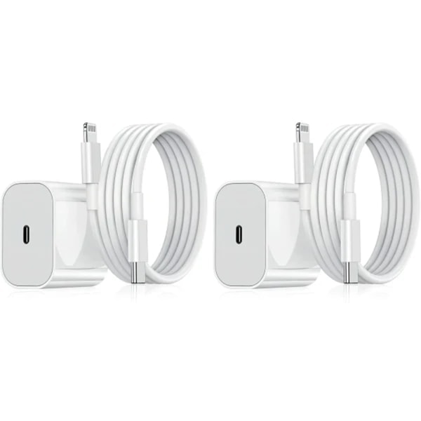 20W hurtiglader for iPhone med 2 meter datakabel + ladekabelhode Hvit 20W-2 stk todelt sett