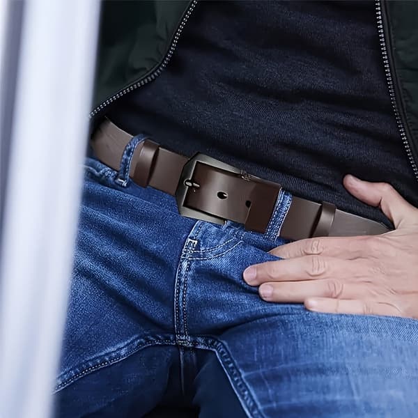 Herre bælte i ægte læder med justerbar pasform og firkantet spænde til jakkesæt og afslappede jeans, sort