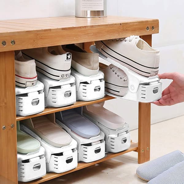 Shoe Rack 10-pack Space-Saving Adjustable Shoe Storage Organizer with 3-Tier Height, Non-Slip Shelf Holder, Plastic Black