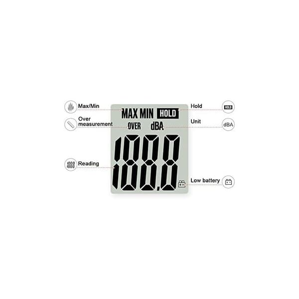 Lydniveau Måler 40-130dBA, Professionel Decibelmåler med Baggrundsbelyst Display (9V Batteri Inkluderet)