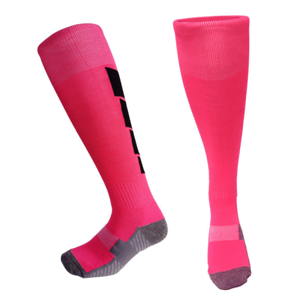 1 par fotbollsstrumpor, strumpor med tjocka handdukar, halkfria strumpor till knälånga (rosaröd L)