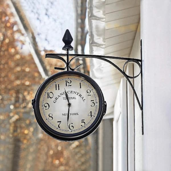 Dobbeltsidet vægur, stationsur, haveur, dobbeltsidet ur, tidsviser, 14 cm