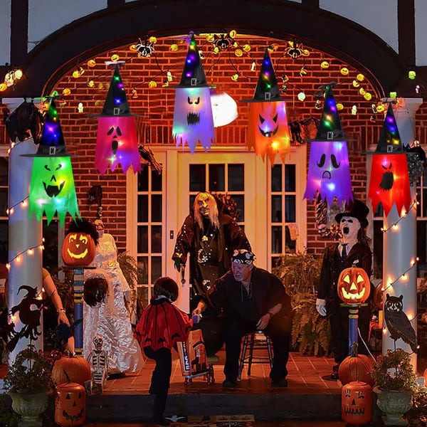 IC Halloween roikkuvat noitahattulampetit, valaisevat noitahatut Hehkuva aavehattu Valaistut ulkokoristeet puutarhapuille 6 kpl