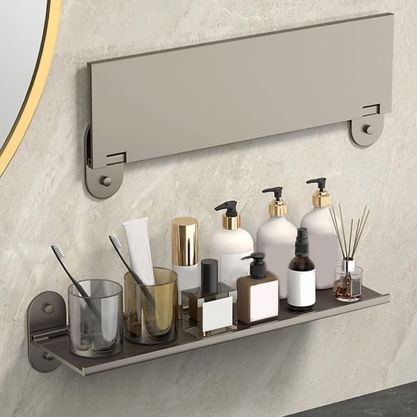 Sammenfoldelig badeværelseshylde, aluminiumslegering, rustbestandig, borefri installation, pladsbesparende til små badeværelser, grå, 40 cm