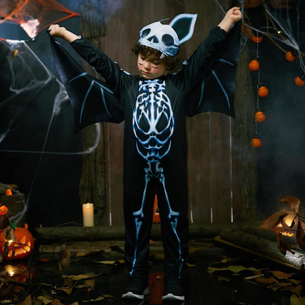 Skeletkostume til børn, Halloween gløder i mørket flot kjole outfit til karnevalsfest 3-10 år fladdermus 4-6 Jahre