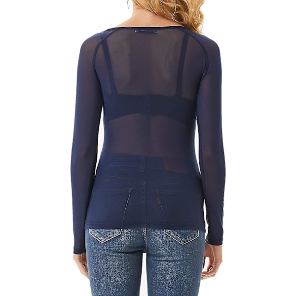 Kvinners Stretchy Scoop Neck Sheer See Through Sexy Slim Fit Mesh Tops Langærmet Bluse