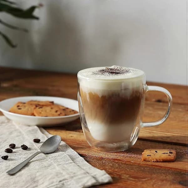 4 stora dubbelväggiga isolerade kaffemuggar 350 ml för cappuccino, varma drycker, diskmaskinssäker, hållbar design