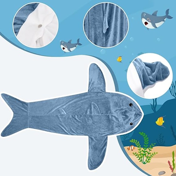 Shark filt-hoodie onesie for voksne og barn, koselig flanell hai-drakt hai sovepose *H blå blue blue M