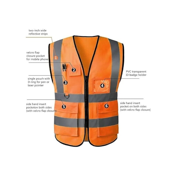 Refleksvest med høy synlighet og glidelåslommer foran - Oppfyller ANSI/ISEA-standarder (Oransje farge - Størrelse: L)