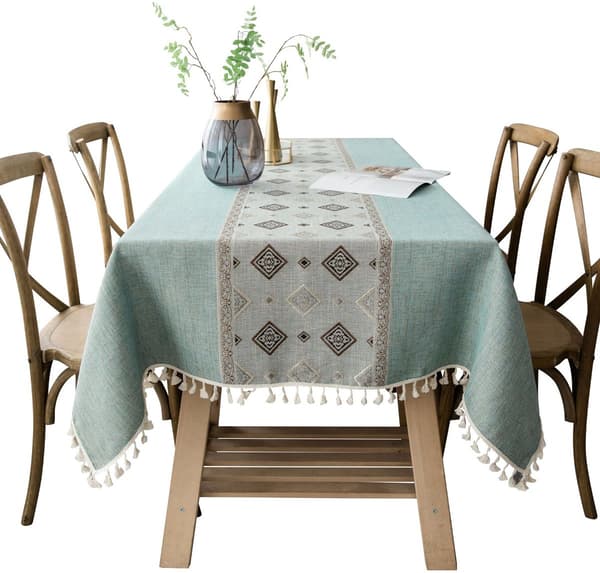 Rektangulær duk, vaskbar polyester-bomullsblanding med duskekant for spise- og salongbord, grønn, 140 x 180 cm
