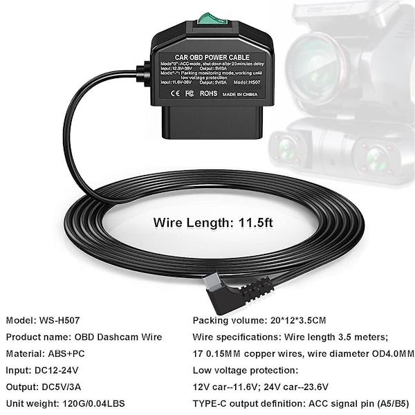 Dash Cam OBD Hardwire Kit, Dash Camera USB Type C Hardwire Kit med OBD Power Cable til Dashcam 12-24V til 5V/3A