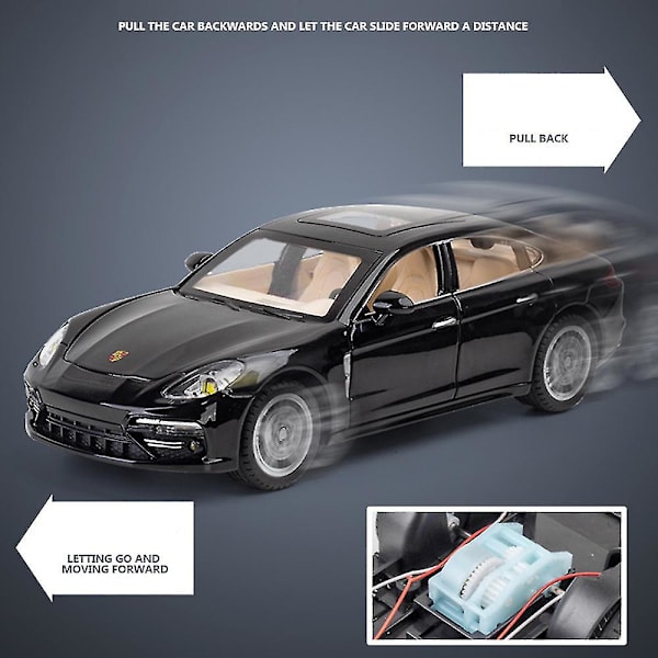 Porsche Panamera urheiluauto pienoismalli valolla ja avattavilla ovilla, musiikkisimulaatio