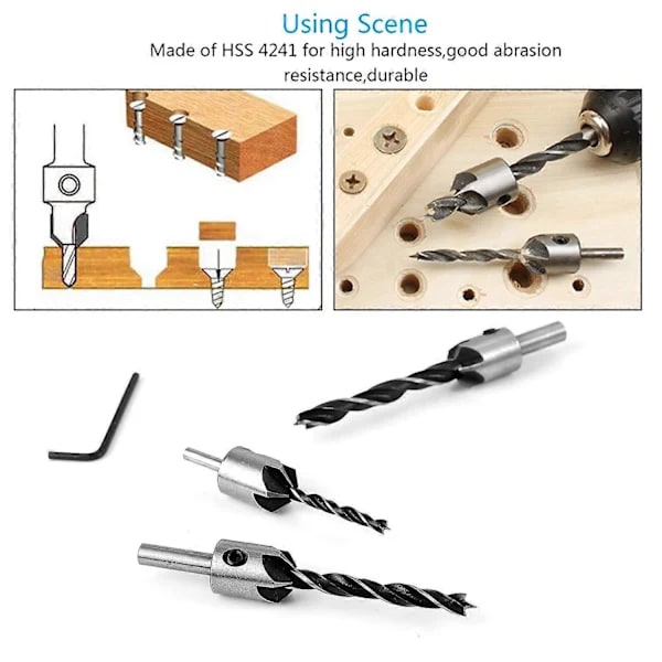 7 pcs Wood Drill with HSS Reamers Core Drill Countersunk Head Drill with Countersink and Depth Stop 90 Countersink (3-10mm)