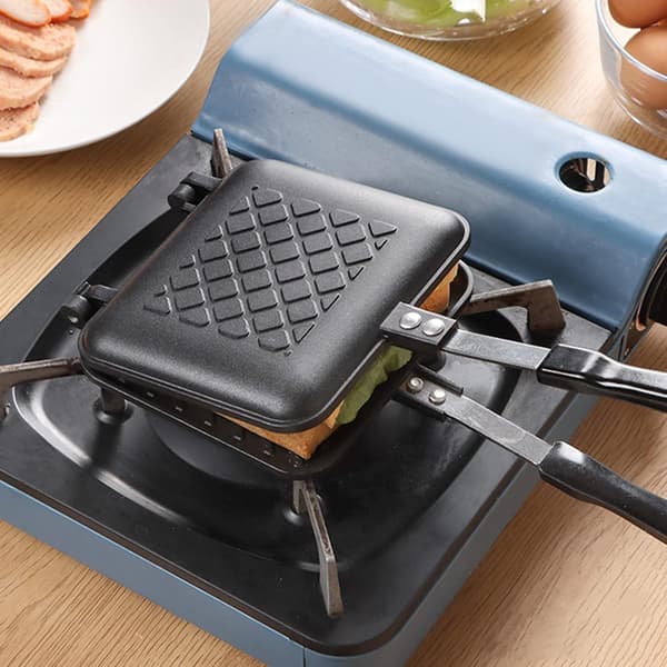 Dobbeltsidig smørbrødgrillpanne, non-stick komfyrtopp-brødrister (svart) Grid baking pan