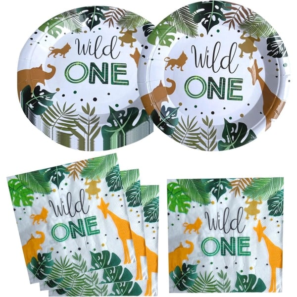 IC Wild One-bursdagsfesttilbehør, 20 tallerkener og 20 servietter, Jungle Wild One-tema bursdagsfestdekorasjon for guttebarn