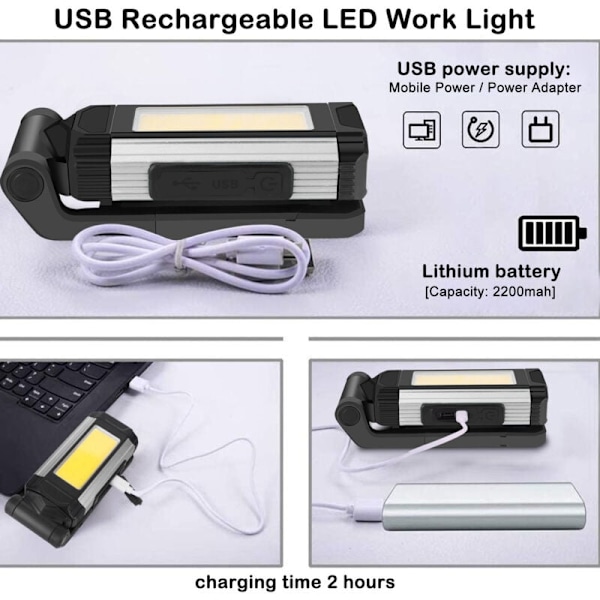 Foldbar Arbejdslampe i Aluminiumlegering med 7 Tilstande COB USB Genopladelig Magnetisk Bærbar Mekanikerlampe til Bilreparation Nødssituation Grå, DUBUNS