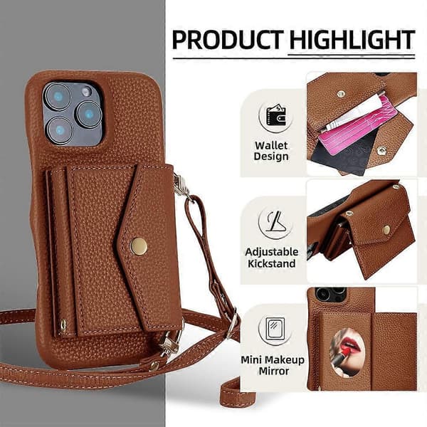 Litchi Textur Horisontell Kortficka Telefonfodral med Lång Snodd Brun Brown For iPhone 13 Pro