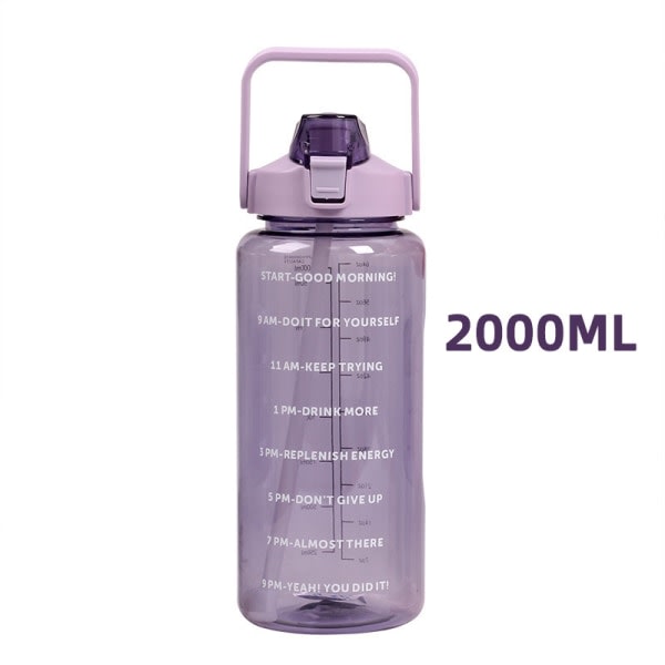 2 liter vattenflaska med sugrör Stor portabel sportvattenkopp Lila 2000ml
