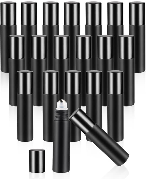 10-pack glasflaskor med rullkula i rostfritt stål, påfyllningsbara roll-on för eteriska oljor, parfym, resor, 10 ml, matt svart