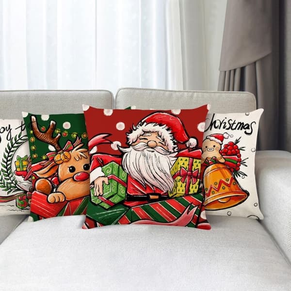 Juleputetrekk 45x45cm, Sett med 4 Juledekorative Sofaputer i Bomull og Lin til Sofaseng Soverom Stol Hage - Julefarge