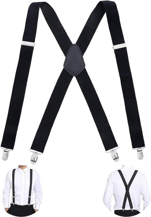 Unisex X-ryg seler, justerbare polyester elastiske stropper med fire metalclips, til jakkesæt, jeans og arbejdstøj, sort, 120 cm