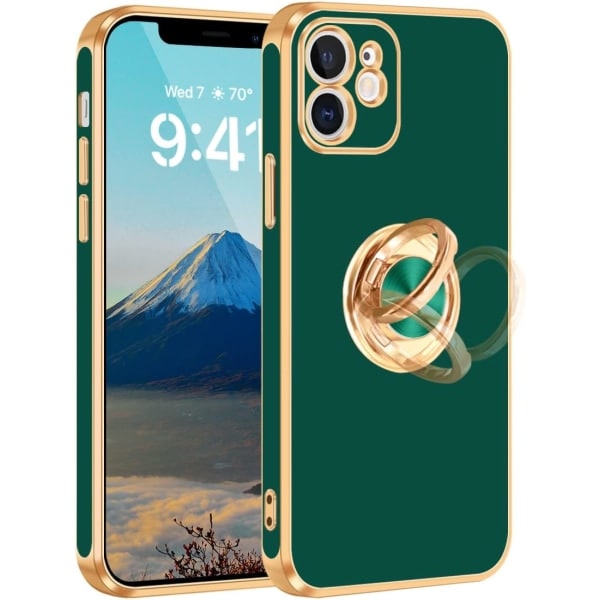 IC iPhone 12-skal, iPhone 12-skal med ringställ, [360° roterbar ringhållare magnetiskt stöd], midnattsgrön/guld