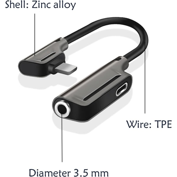 Adapter för iPhone-hörlurar, Adapter för Iphone-uttag, 2 i 1 Dual Jack-adapter Kompatibel med XS/XR/X/8/7/Pad för alla iOS (svart)