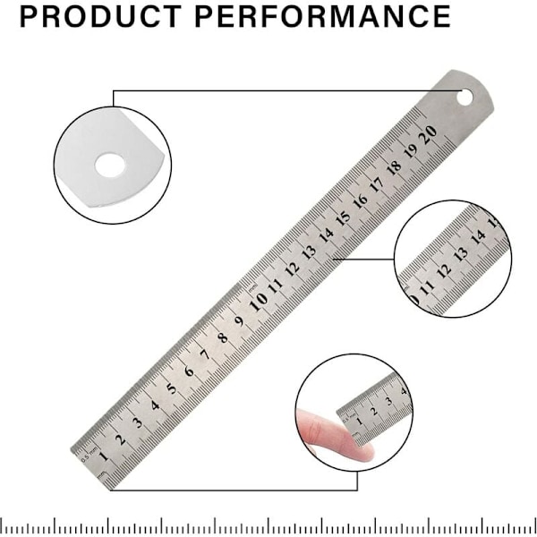 Stk. Linjal i rustfritt stål, presisjonssett med rette metallinjaler 15 cm (6''), 20 cm (8''), 30 cm (12'') Sølvfarget linjal i rustfritt stål