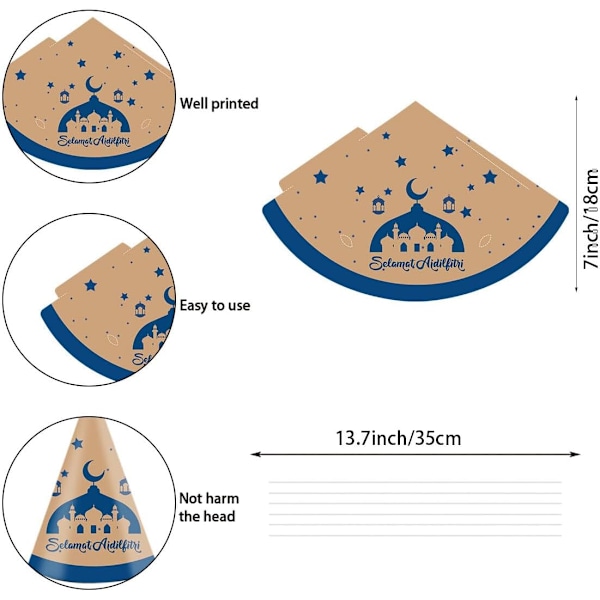 Sæt med 6 Eid-fest hatte - Farverige papirhatte til Eid-fejringer 18 pieces
