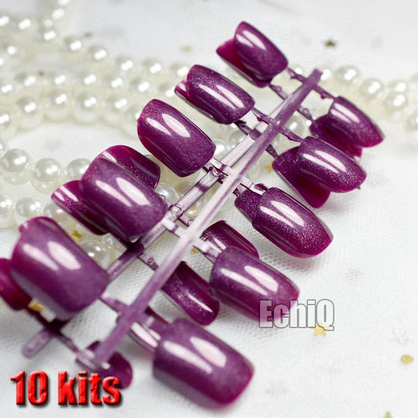 Glitter Falske Negle Korte Firkantede Ensfarvede Lilla Rosa Akryl Negle Engros 10 sæt Enkelt Designede Spidser 240 stk i alt