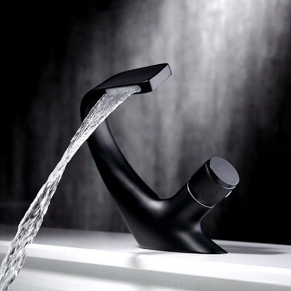 Enkelt Hål Vattenfall Blandare, Mässing Badrumsblandare, Lyxig Design Badkarsblandare (Svart, 1813cm)