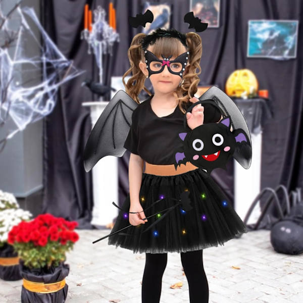 Lasten tyttöjen Halloween-asu Lasten tyttöjen Halloween-asu LED-tullehame Lepakko siivet Taikasauva Hiuspanta Maski Huopapussi Cosplay-asu Halloween-juhliin 6 kpl